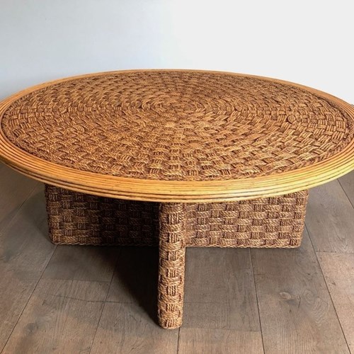 Large Round Rope & Wood Coffee Table, In The Style Of Audoux-Minet, France C