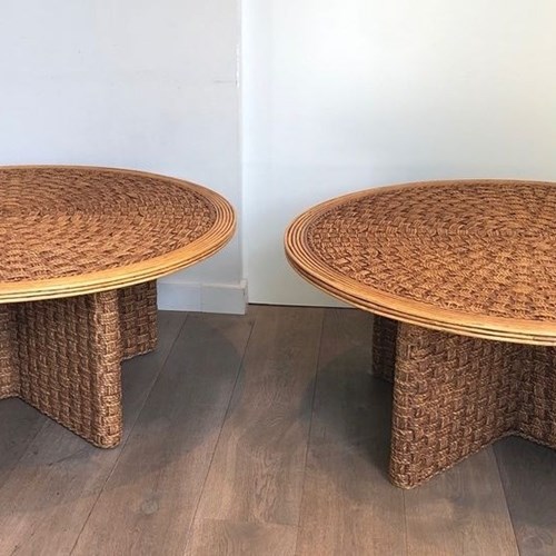Pair Of Large Round Rope Coffee Tables, In The Style Of Audoux-Minet, France Cir