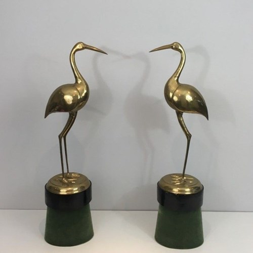 Pair Of Brass Birds On Wood And Velvet Bases