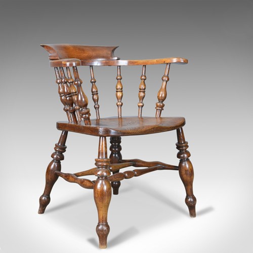Antique Bow Chair, Smokers, Captains, English, Victorian, Elm, Windsor c.1870