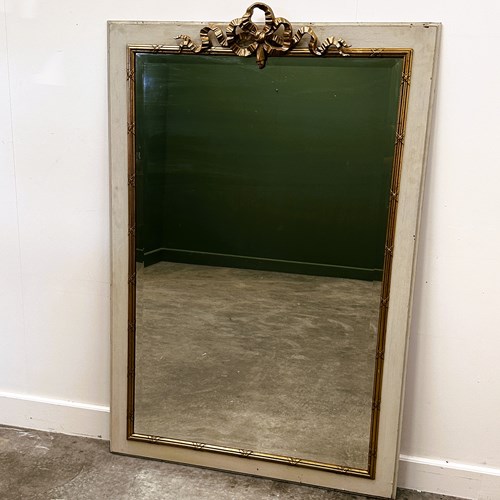 Massive 19Th Century French Neoclassical Painted Mirror With Gilt Ribbon Crest