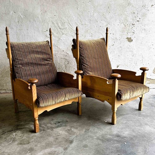 1950S Pair Of Brutalist Oak Throne Armchairs