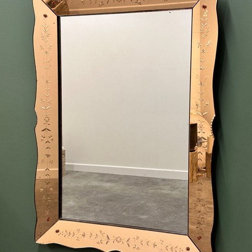 Large 1940'S Peach Etched Venetian Mirror