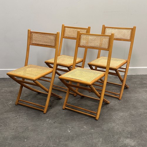 Four Belgian Folding Chairs In Solid Wood And Cane