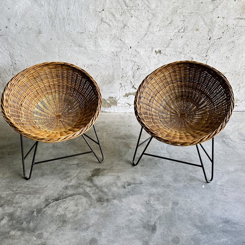 Pair Of Rattan Basket Chairs On Hairpin Legs, France 1950S.