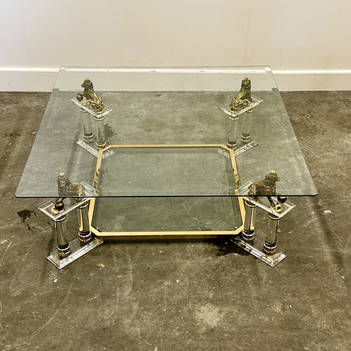 Vintage French Lucite And Glass Coffee Table With Brass Lions, 1980S