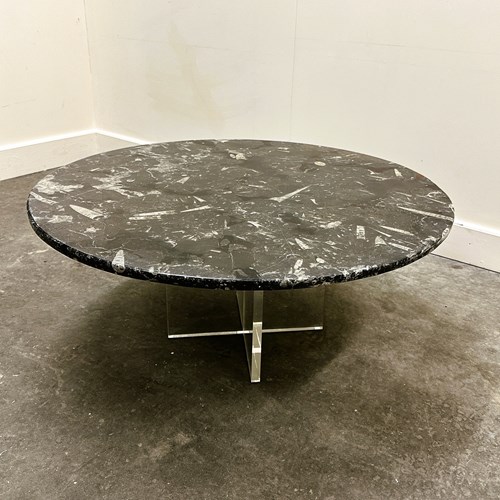 Fossil Stone Coffee Table On Plexiglass Cross Base, Style Of Heinz Lilienthal