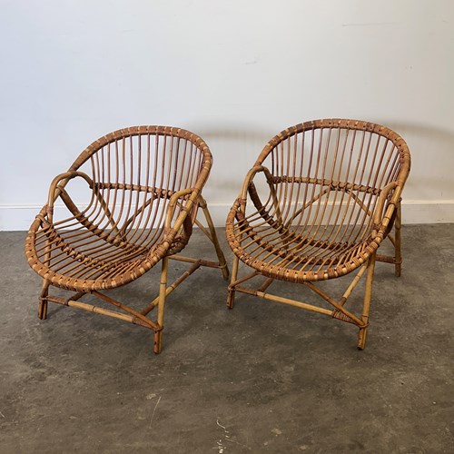 Mid-Century French Riviera Rattan Lounge Chairs – Pair 1960S