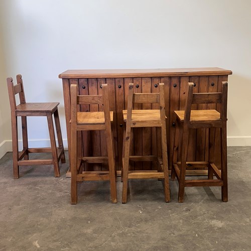 Rustic Solid Wood Bar Counter With 4 Matching Stools – Wine Rack & Storage