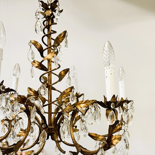 Vintage Gold Leaf Crystal Chandelier With 6 Lights