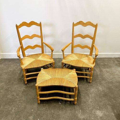 Pair Of French Provencal Radassier Beech Chairs And Ottoman