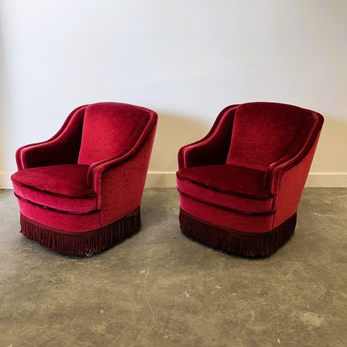 Pair Of Vintage French Club Chairs In Deep Red Velvet With Fringe Skirt, 1960S