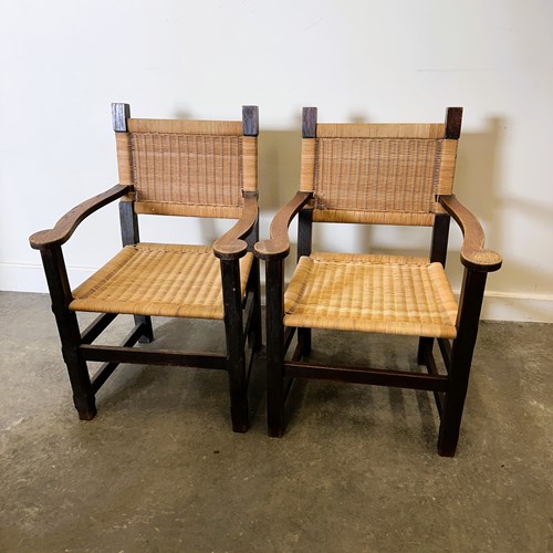Pair Of Custom Made Oak And Rattan Armchairs, France, 1940S