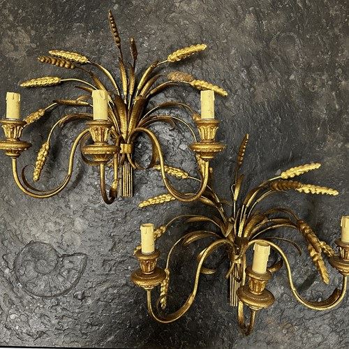 Pair Of Italian Pair Of Italian Gilt Metal Wheat Sheaf Wall Sconces, 1950, 1950S