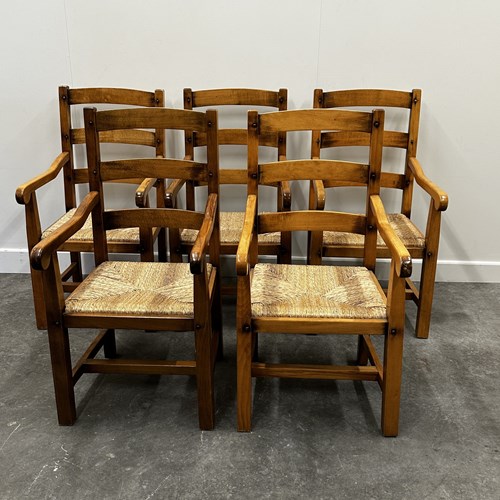 Set Of 5 Large French Oak Dining Armchairs With Rush Seats, 1970S