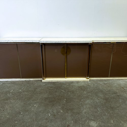 Belgo Chrom High Gloss Taupe Sideboard / Credenza With Travertine, Brass & Lucit