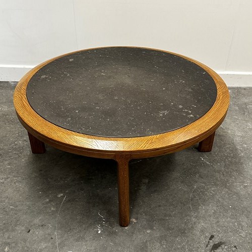 Vintage Round Textured Slate And Solid Oak Coffee Table, France, 1970S