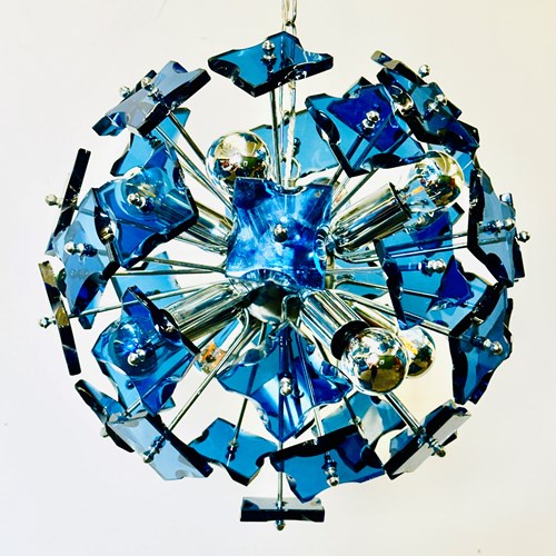 Sculptural Dark Blue Hammered Glass Italian Sputnik Chandelier, 1980S Italy.