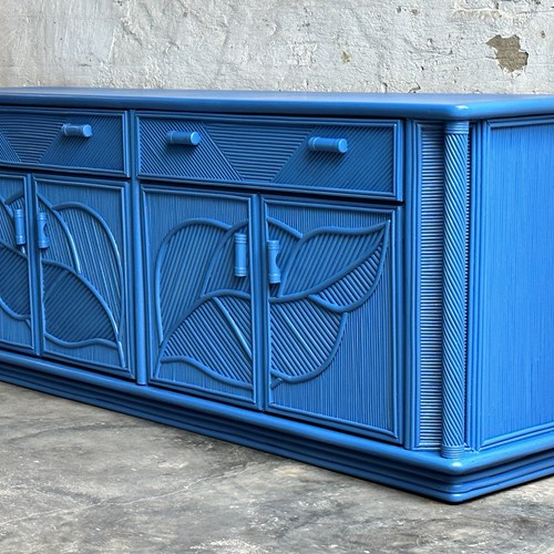 Vintage Pencil Reed Relacquered Blue Sideboard, 1970S - Mid Century Bamboo Sideb