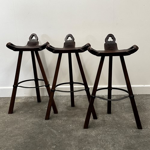 Set Of 3 Rustic Carved Oak Bar Stools With Iron Footrests, 1970S