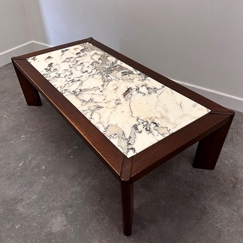 Large 1970S Belgian Oak Coffee Table With Breccia Marble Top – Signed And Dated