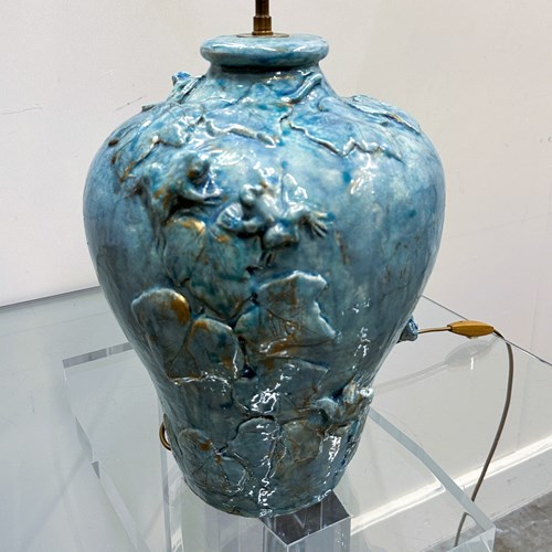 Handmade French Ceramic Lamp With Ivy & Frogs In Turquoise Glaze