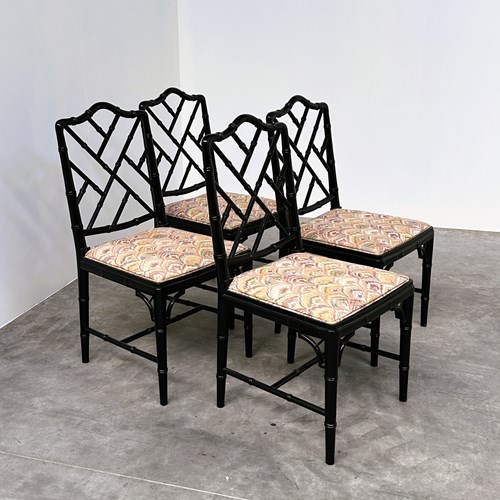 Set Of 4 Faux Bamboo Dining Chairs In Black Lacquer