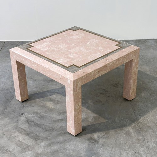 Postmodern Pink Marble Coffee Table With Brass Inlay