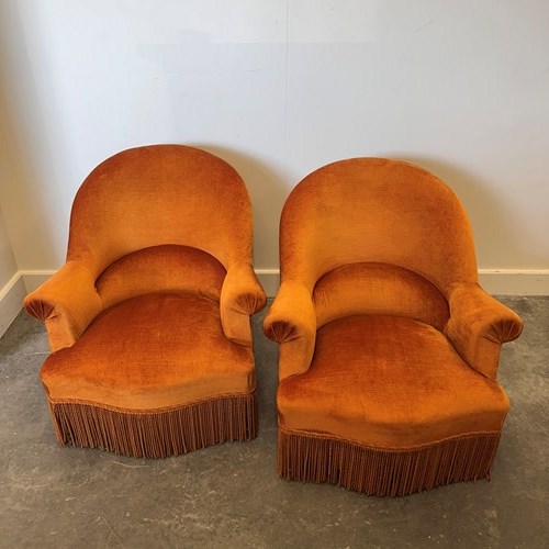 Pair Of French Velvet Armchairs With Fringe Skirt, 1950S