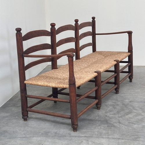 Antique French Provincial "Radassier" Bench In Solid Oak With Rush Seat
