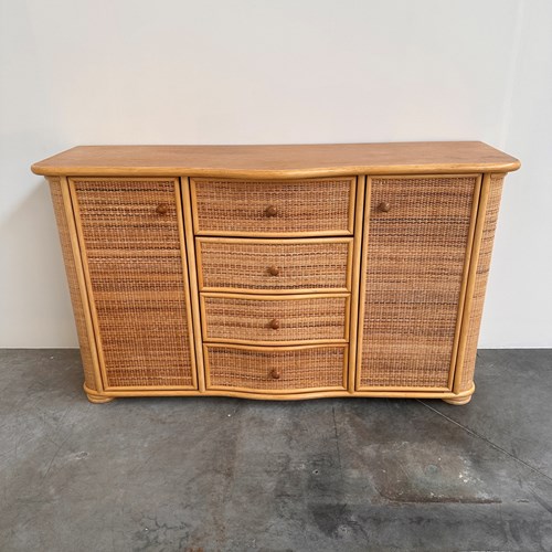 Vintage Curved Rattan Sideboard, Coastal Credenza