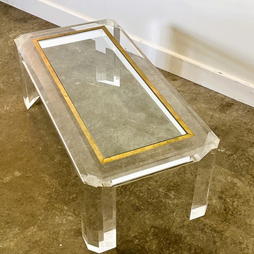 Chunky Lucite Coffee Table With Brass Details And Glass Plate