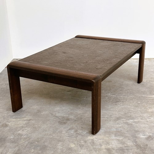 Vintage Belgian Oak & Fossil Slate Coffee Table, Brutalist, 1970S