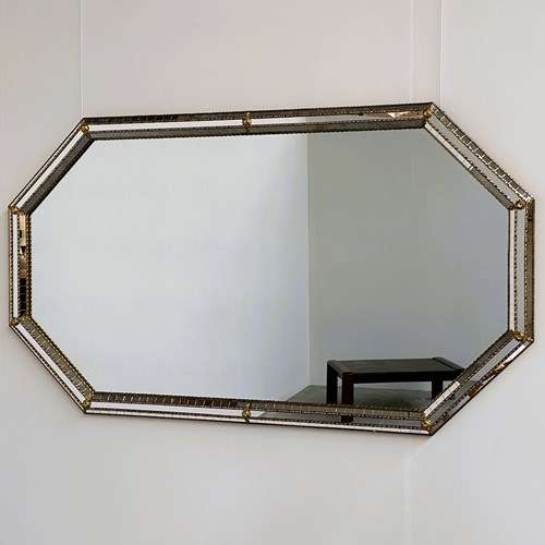 Large Spanish Gilt Metal & Beveled Mosaic Wall Mirror, Octagonal
