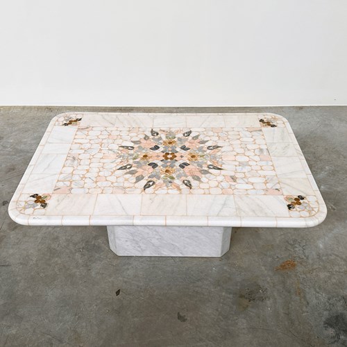 Large Italian Pietra Dura Marble Mosaic Coffee Table, Floral Inlay