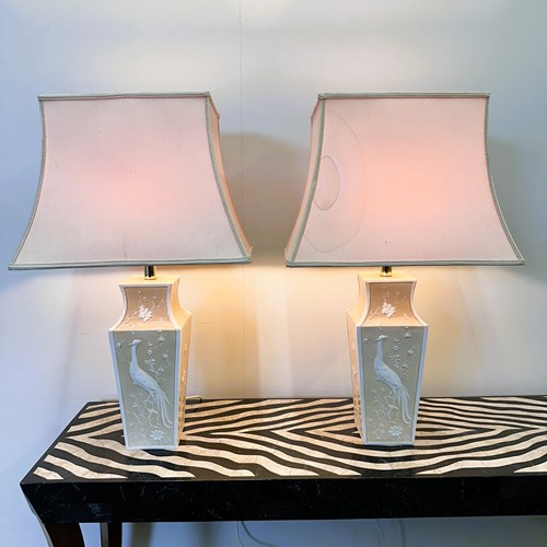 Pair Of Large Cream Ceramic Table Lamps With Relief Peacocks