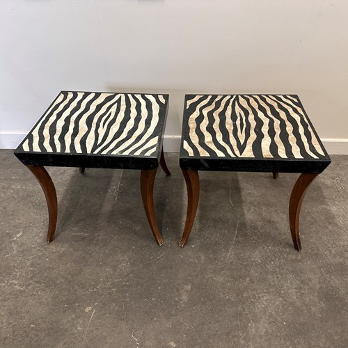 Striking Pair Of Italian Zebra Inlaid Tessellated Stone Tables 