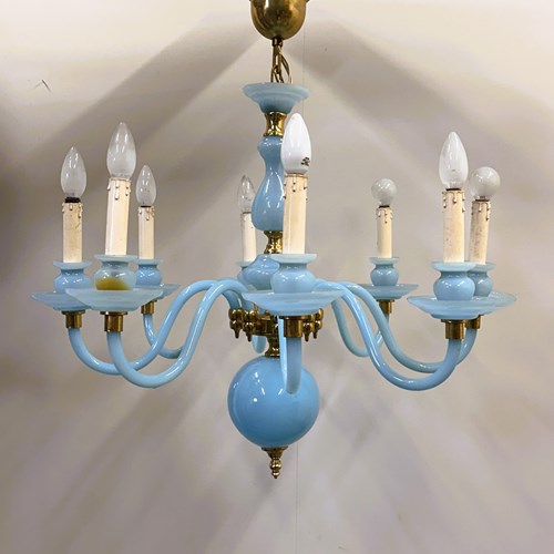 Statement French Blue Opaline Glass Chandelier With Brass Accents