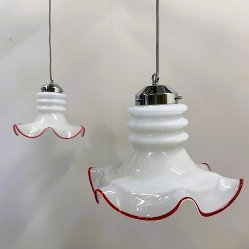 Pair Of Italian Murano Glass Pendant Lamps With Red Trim, 1970S Italy.