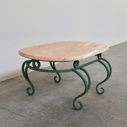 Vintage Pink Marble & Green Wrought Iron Coffee Table
