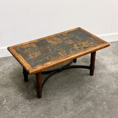French Slate And Oak Coffee Table With Sculptural Iron Base, 1960S
