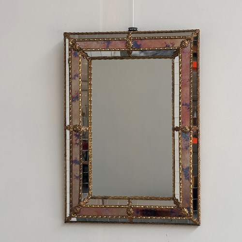Small Spanish Brass & Mosaic Mirror With Stained Pink Glass