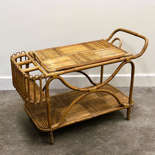 Rare Large French Riviera Rattan Bar Cart With Bottle Holder