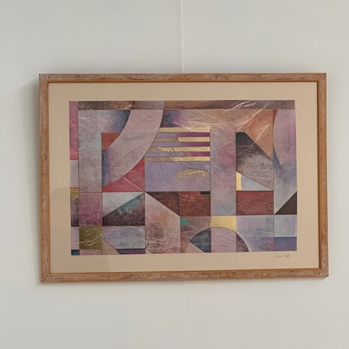 Pair Of Richard Hall Geometric Abstract Mixed Media Lithographs