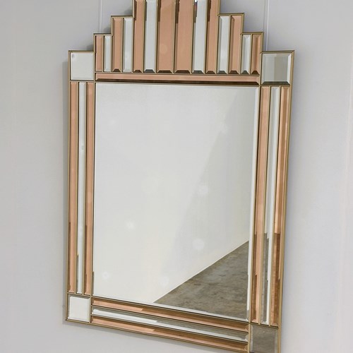 Art Deco Style Peach & Clear Beveled Mirror With Brass Frame