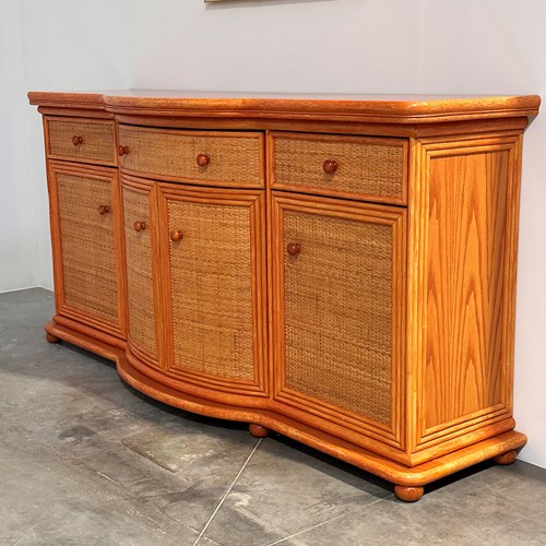 Vintage Rattan & Wood Orange Curved Sideboard, 1980S