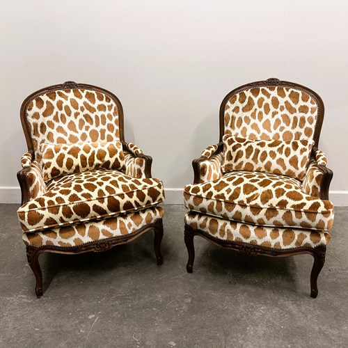 Pair Of Louis XV Style Armchairs In Giraffe Velvet Upholstery, France, 1950S