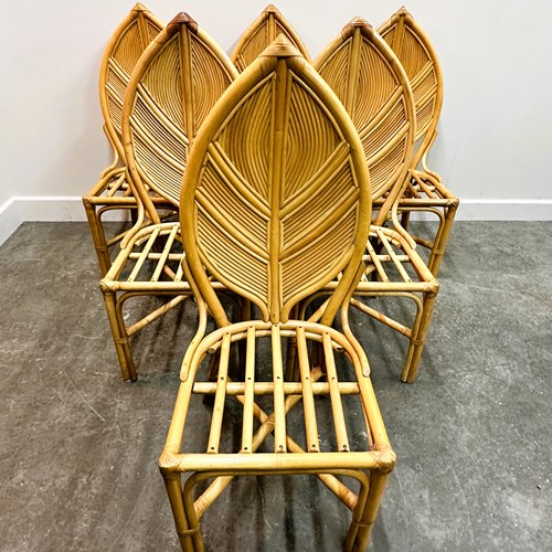 Set Of 6 Vintage Pencil Reed Coastal Dining Chairs, 1970S