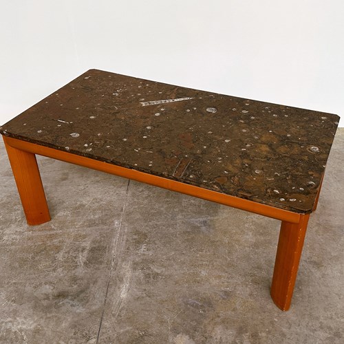 1970S Modernist Fossil Marble Coffee Table With Wooden Base
