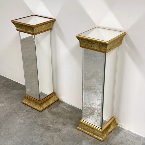 Pair Of Deknudt Mirrored Pedestals / Plinths In Gilt Finish, Belgium